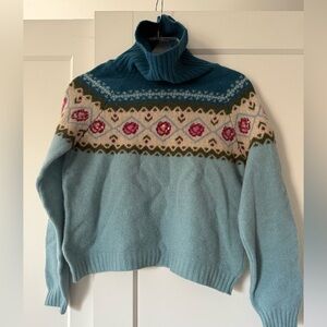 Vintage Blue Floral Cropped Turtleneck Sweater sz M Cottagecore Demure Holiday
